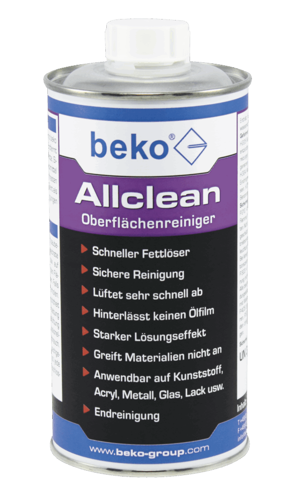 Eine Dose beko Allclean Oberflächenreiniger mit weißem Verschluss und lila-schwarzem Etikett, auf dem verschiedene Eigenschaften des Reinigers aufgeführt sind.