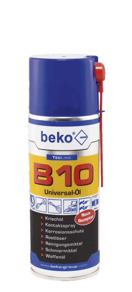 Sprühdose mit blauem Deckel und gelbem Etikett, beschriftet mit 'B10 Universal-Öl'.