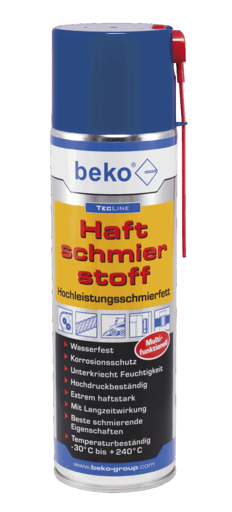 Eine Dose des Produkts "beko Haftschmierstoff", ein Hochleistungsschmierfett. Auf der Dose sind Merkmale wie Wasserfestigkeit, Korrosionsschutz und Temperaturbeständigkeit von -30°C bis +240°C aufgeführt. Die Dose hat einen blauen Deckel und ein gelbes Etikett mit den Hauptinformationen.