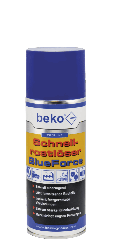Eine Sprühdose mit blauem Deckel und der Aufschrift "beko Tecline Schnellrostlöser BlueForce" auf gelbem Hintergrund, umgeben von Symbolen und Anwendungsinformationen.