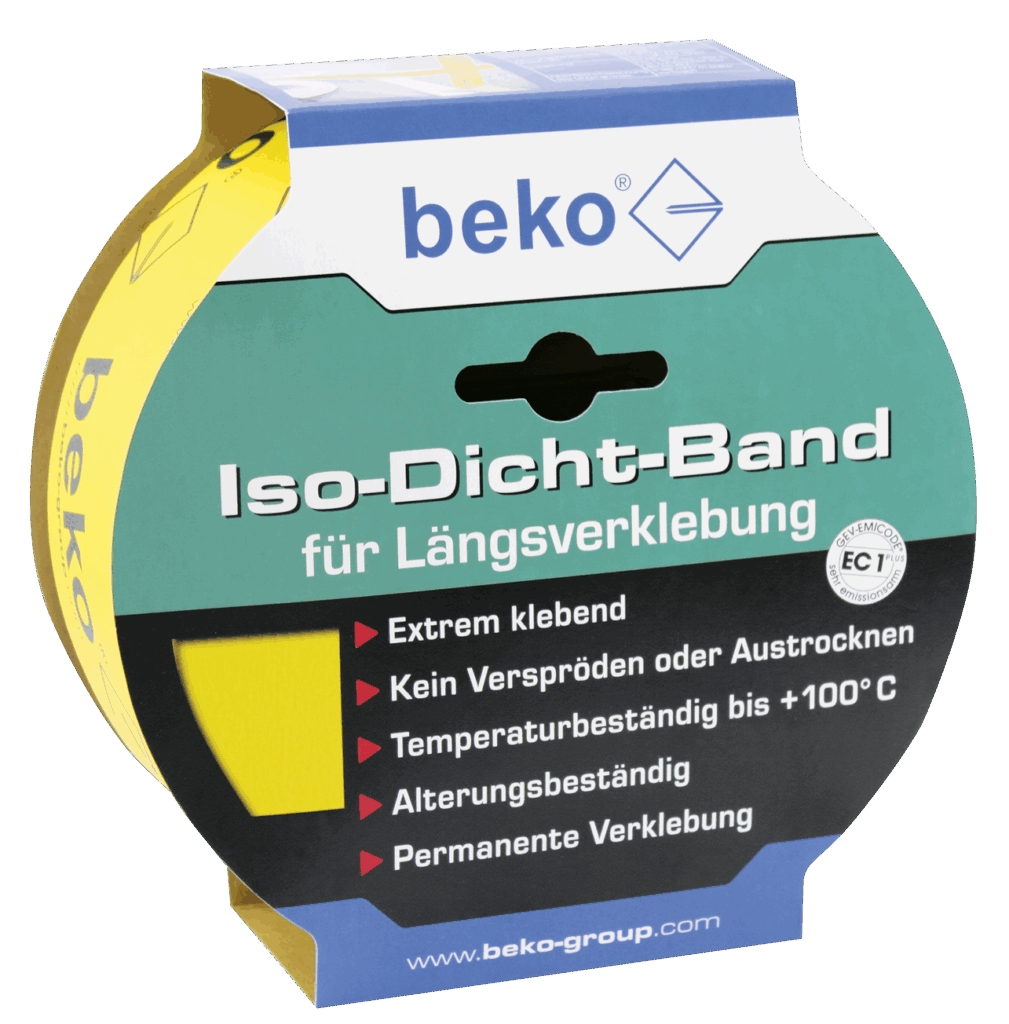 Verpackung eines beko Iso-Dicht-Bandes für Längsverklebung, das als extrem klebend und temperaturbeständig bis +100°C beworben wird.