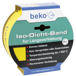 Verpackung eines beko Iso-Dicht-Bandes für Längsverklebung, das als extrem klebend und temperaturbeständig bis +100°C beworben wird.