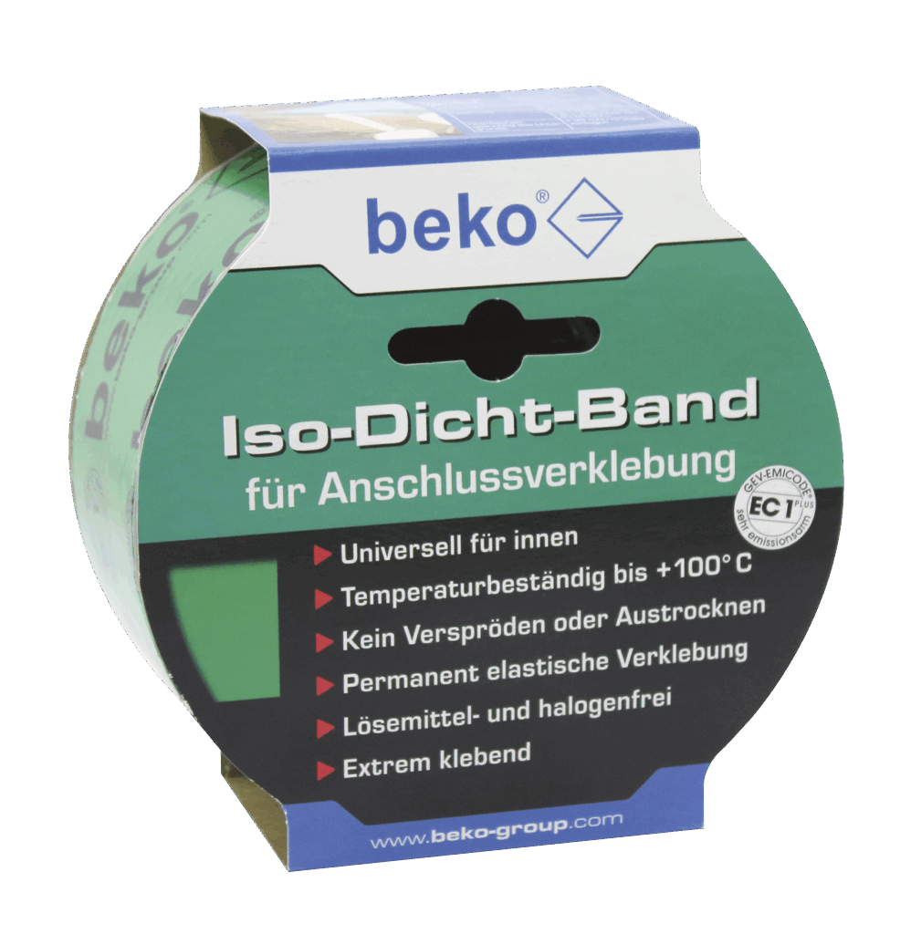 Eine grüne Verpackung von Beko mit der Aufschrift "Iso-Dicht-Band für Anschlussverklebung" und Merkmalen des Produkts wie "Universell für innen", "Temperaturbeständig bis +100°C", "Kein Verspröden oder Austrocknen", "Permanente elastische Verklebung", "Lösungsmittel- und halogenfrei" sowie "Extrem klebend". Das Gev-Emicode-EC1-Plus-Siegel ist ebenfalls sichtbar.
