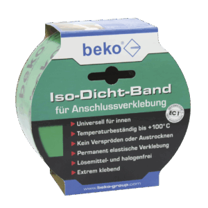 Eine grüne Verpackung von Beko mit der Aufschrift "Iso-Dicht-Band für Anschlussverklebung" und Merkmalen des Produkts wie "Universell für innen", "Temperaturbeständig bis +100°C", "Kein Verspröden oder Austrocknen", "Permanente elastische Verklebung", "Lösungsmittel- und halogenfrei" sowie "Extrem klebend". Das Gev-Emicode-EC1-Plus-Siegel ist ebenfalls sichtbar.