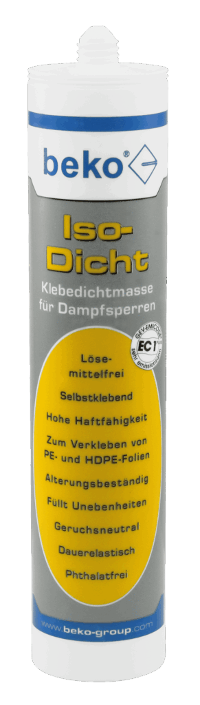 Eine Kartusche der Marke Beko mit der Bezeichnung "Iso-Dicht Klebedichtmasse für Dampfsperren" in Grau und Blau, die als lösungsmittelfrei, selbstklebend und phthalatfrei beschrieben wird.