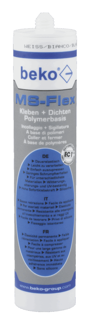 Eine weiße Verpackung der Marke Beko mit der Beschriftung MS-Flex, gekennzeichnet als Kleber und Dichtungsmittel auf Polymerbasis. Die Verpackung zeigt Informationen in Deutsch, Italienisch und Französisch über die Eigenschaften des Produkts, einschließlich dauerelastisch, einfach anzuwenden und silikonfrei.