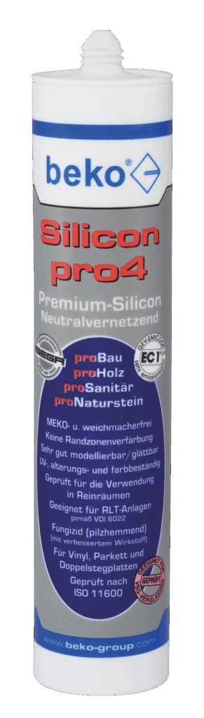Kartusche Beko Silicon pro4 mit der Aufschrift 'Premium-Silicon Neutralvernetzend' und weiteren Produktinformationen auf der Vorderseite.