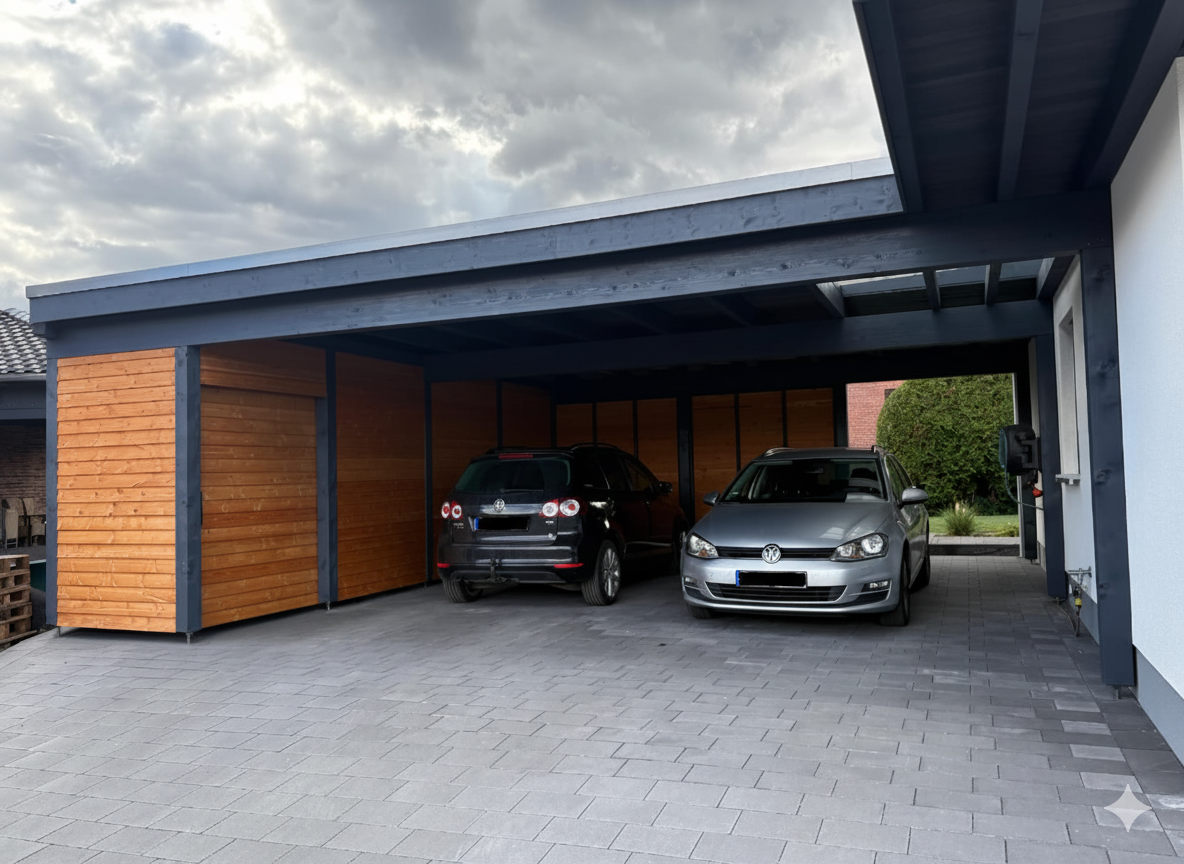 Zwei Autos stehen in einem Carport mit Holzwänden und einem grauen Dach, darunter ein schwarzer und ein silberner Wagen, auf einem Pflastersteinboden geparkt.