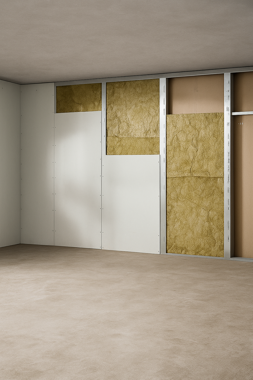 Eine unvollständig gebaute Innenwand mit sichtbarer Wärmedämmung, bestehend aus gelblichem Isoliermaterial in einem metallenen Rahmen, teilweise von Gipsplatten verdeckt, in einem leeren Raum mit hellem Boden und Decke.