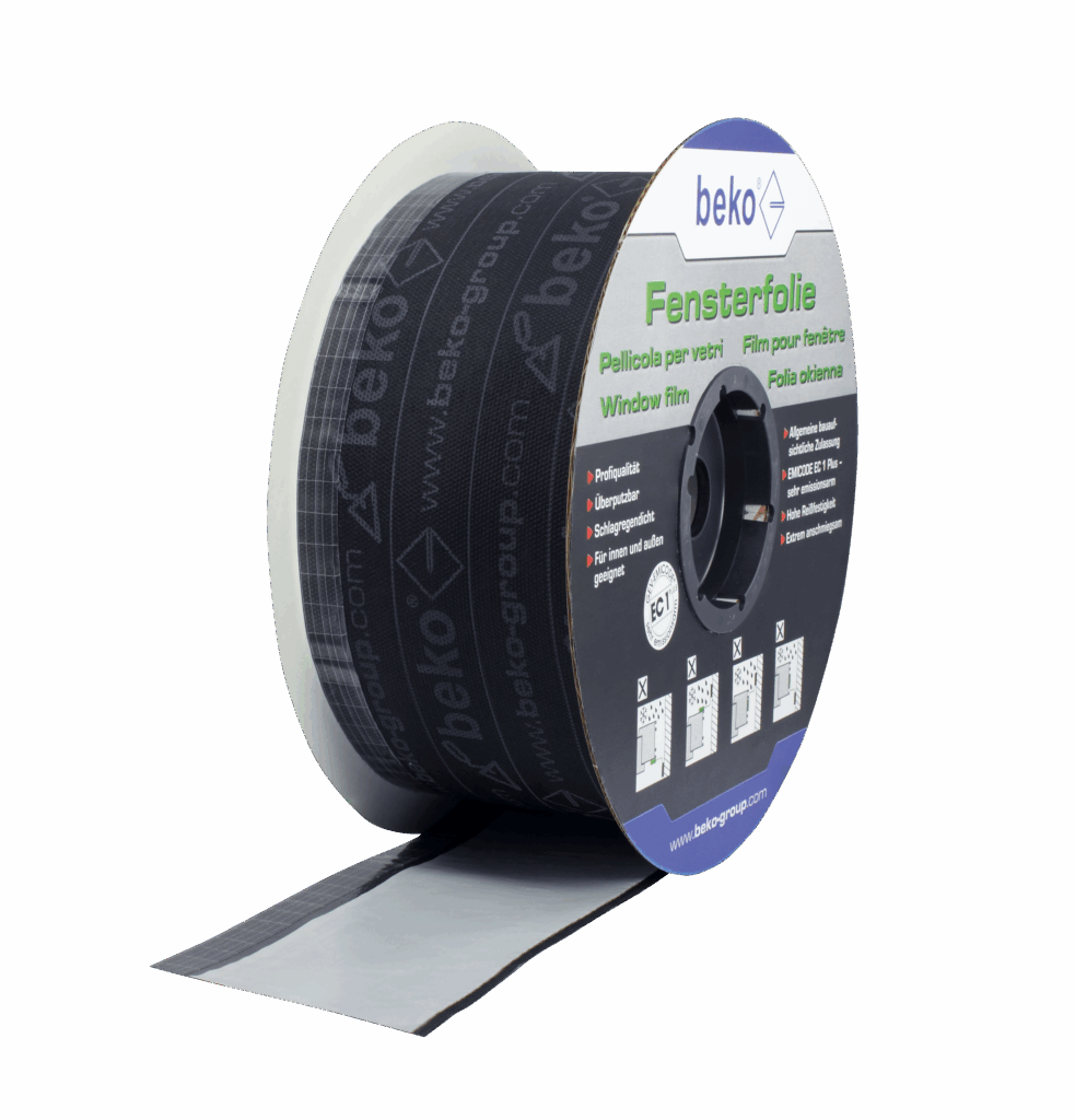 Eine Rolle Fensterfolie der Marke beko, geeignet für den Innen- und Außengebrauch, abgebildet mit Produktinformationen auf der Verpackung.