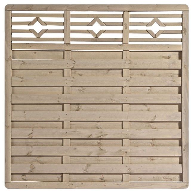 Holzzaun mit diagonalen Rautenmustern im oberen Abschnitt und horizontalen Paneelen darunter.