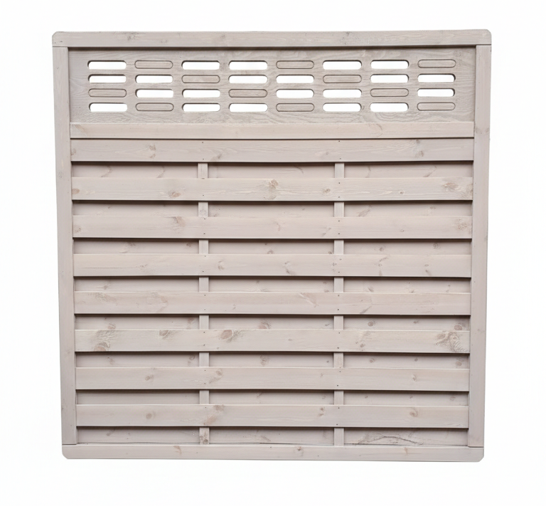 Holzzaunabschnitt mit Latten und oberem durchbrochenem Paneel in neutralem Farbton.