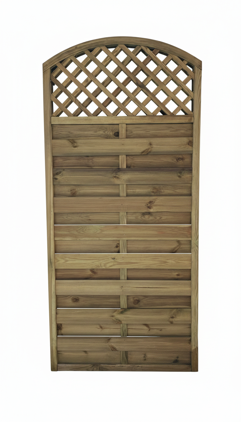 Holzzaunpaneel mit einer diagonalen Gitterverzierung am oberen Ende.