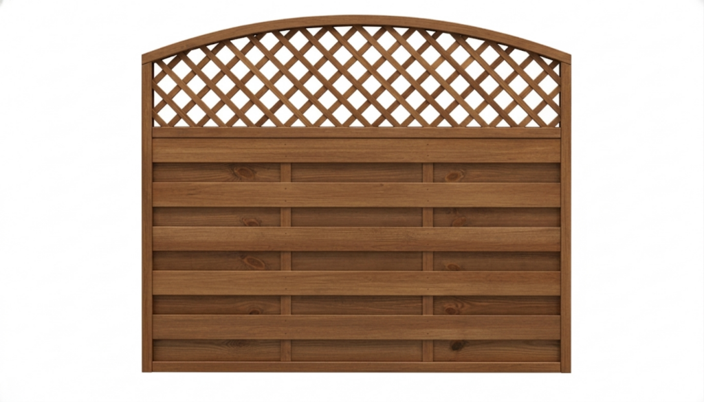 Holzzaun mit horizontalen Paneelen unten und einem rautenförmigen Gitter oben, auf weißem Hintergrund.