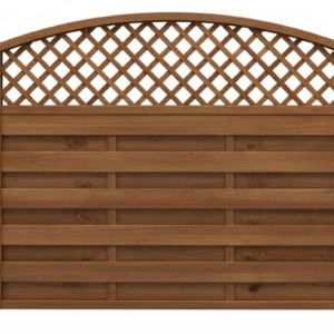 Holzzaun mit horizontalen Paneelen unten und einem rautenförmigen Gitter oben, auf weißem Hintergrund.