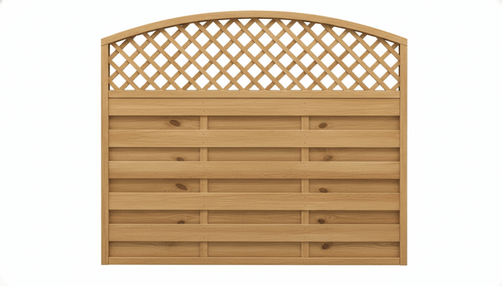 Ein Holzzaunelement mit einem nach oben gebogenen Gittermuster im oberen Drittel und horizontalen Brettern im unteren Bereich.