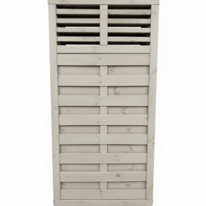 Ein beiger, vertikal gestreifter Holzschrank mit horizontalen Lamellen im oberen Bereich.