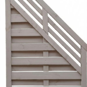 Holzzaun mit diagonal verlaufenden Latten und senkrechten Querlatten, in einem asymmetrischen dreieckigen Design.