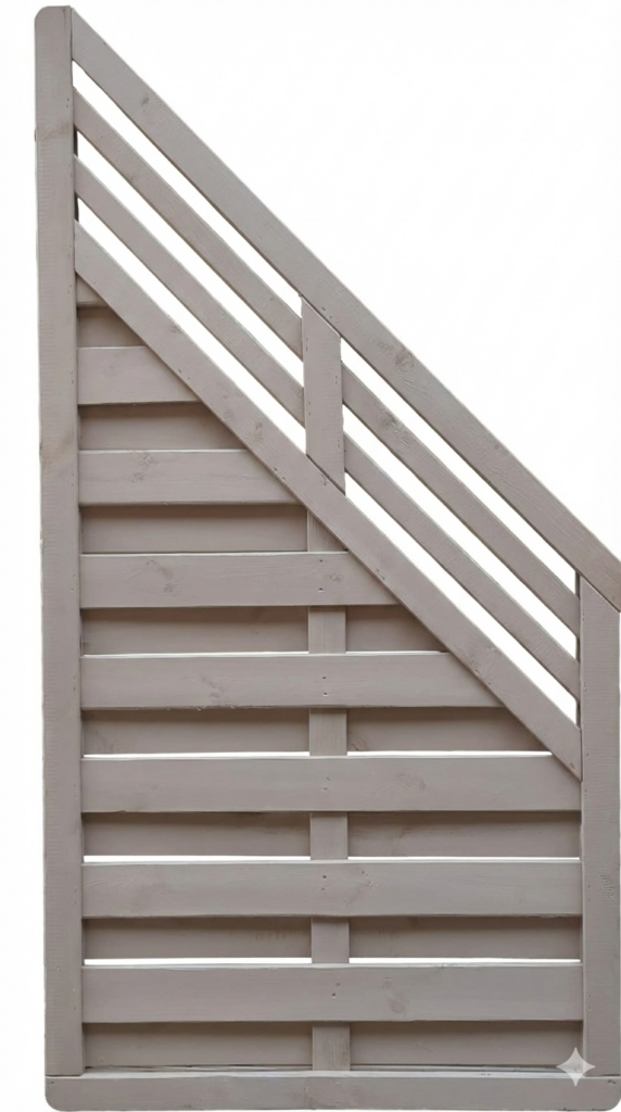 Holzzaun mit diagonal verlaufenden Latten und senkrechten Querlatten, in einem asymmetrischen dreieckigen Design.