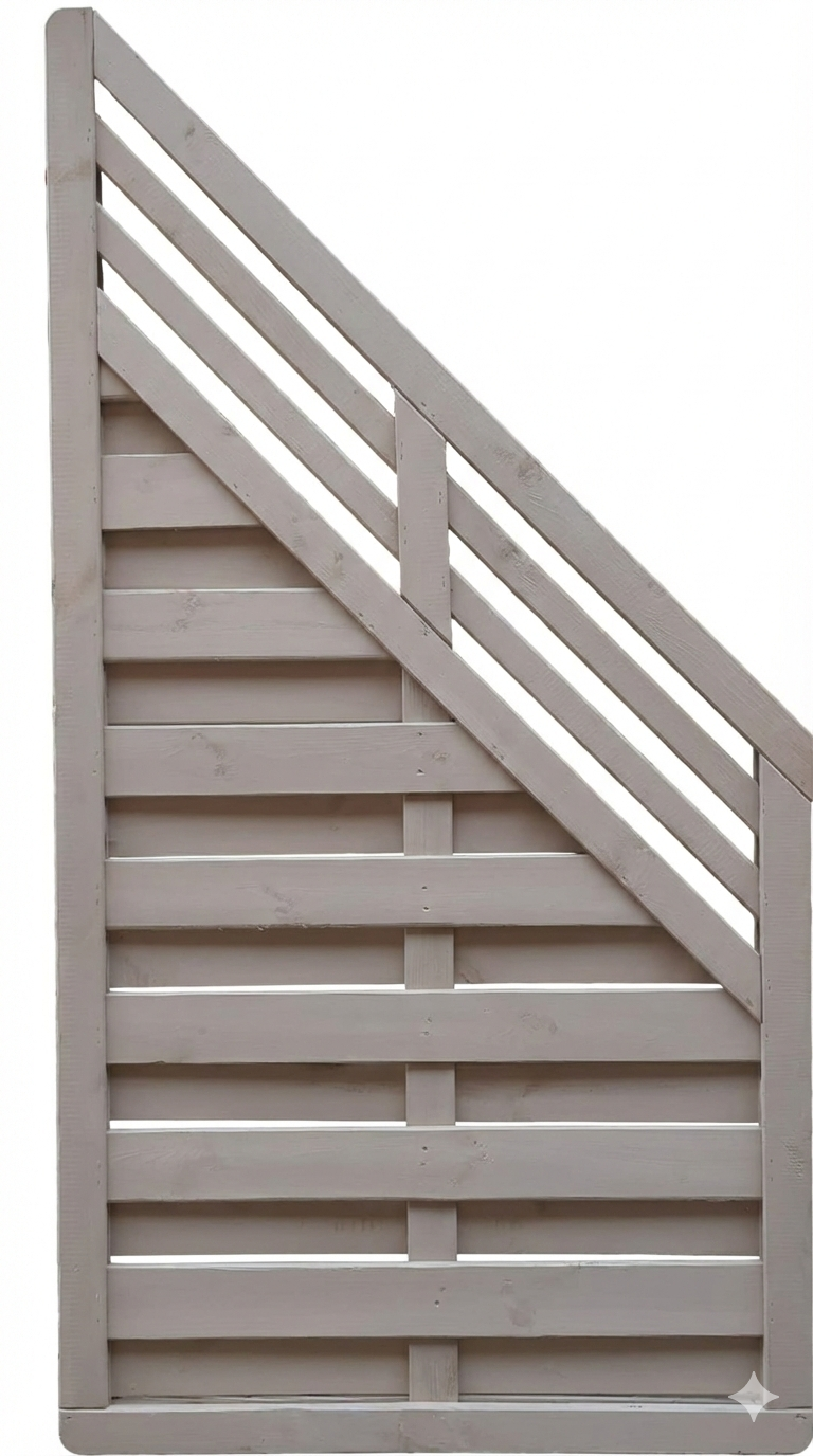 Holzzaun mit diagonal verlaufenden Latten und senkrechten Querlatten, in einem asymmetrischen dreieckigen Design.