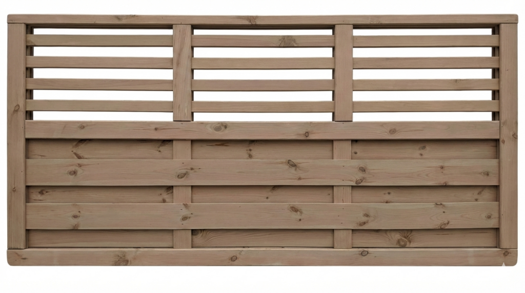 Holzzaun mit horizontalen und vertikalen Latten, die ein rechteckiges Muster bilden.