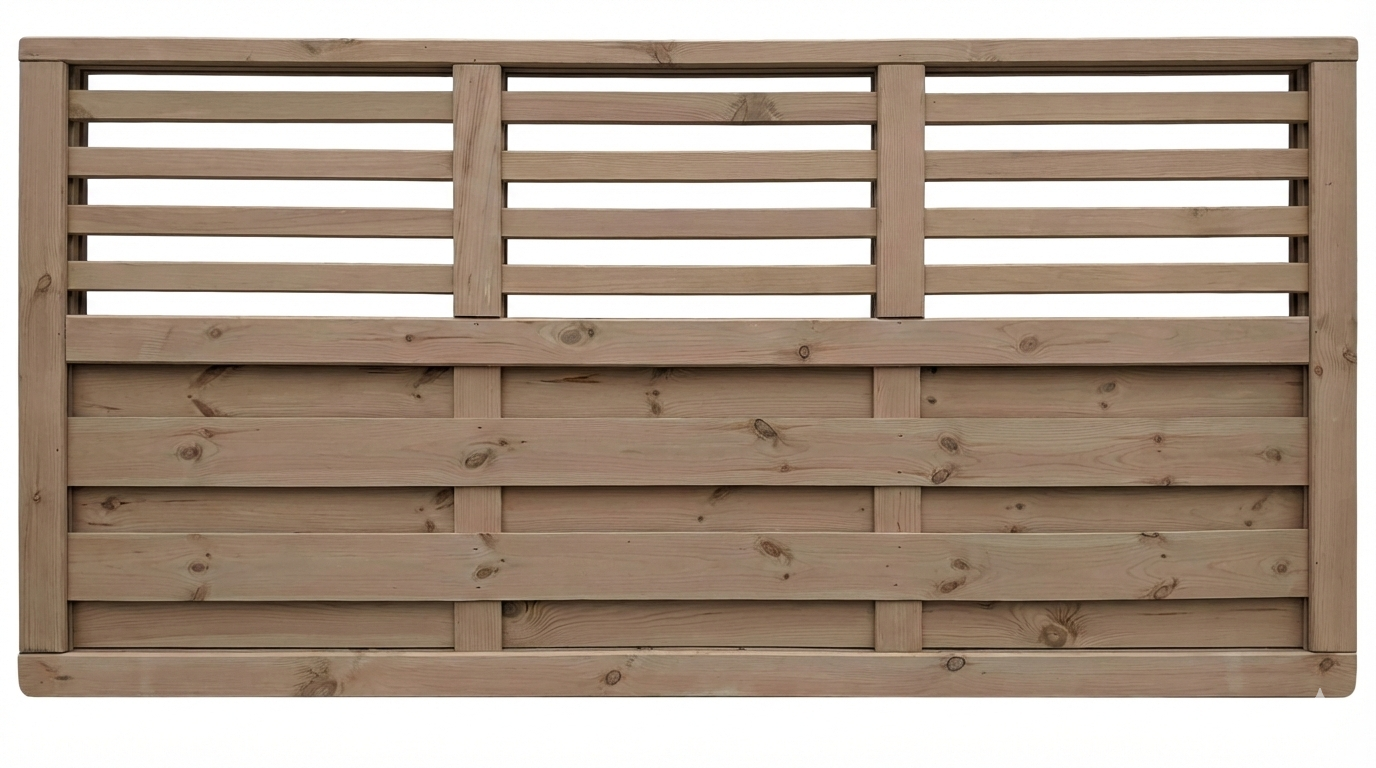 Holzzaun mit horizontalen und vertikalen Latten, die ein rechteckiges Muster bilden.