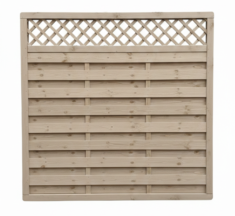 Holzzaun mit vertikalen und horizontalen Latten, oben mit Gittermuster.