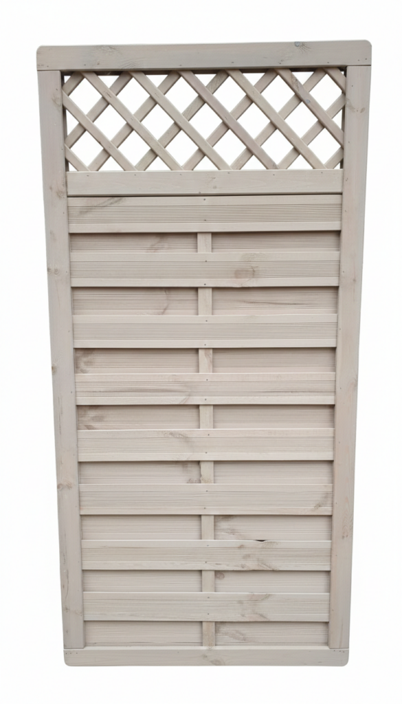 Holzzaunpanel mit vertikalen und horizontalen Latten, oben mit diagonalem Gitterwerk.