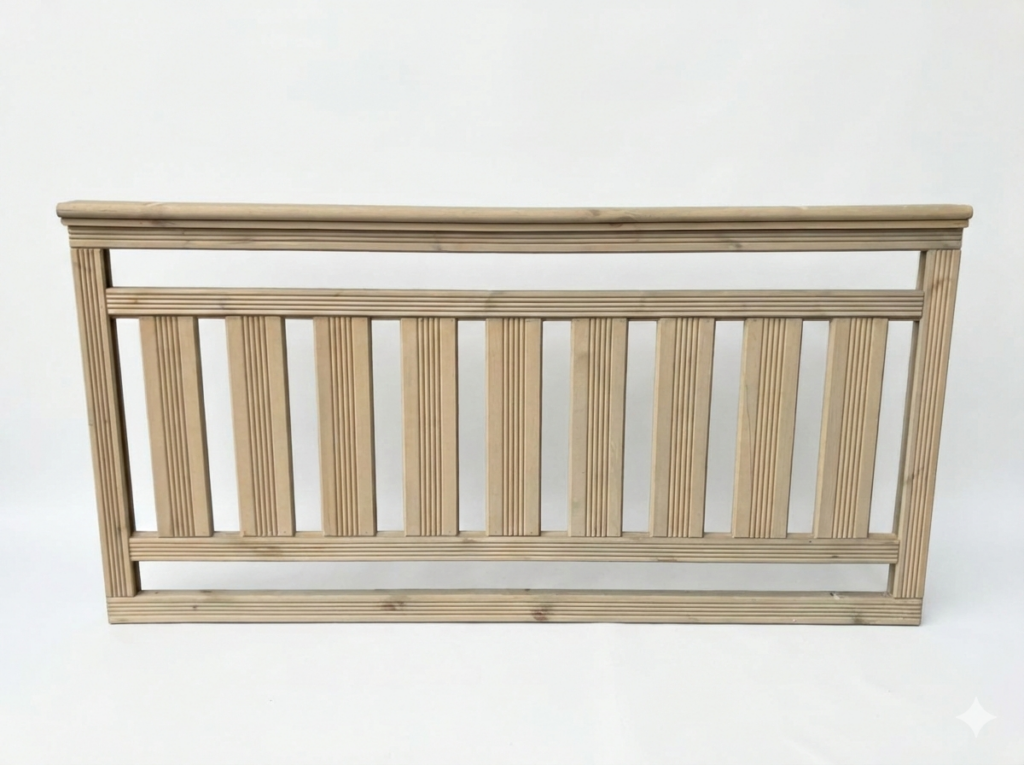 Holzgeländer mit vertikalen Latten in minimalistischer Bauweise, isoliert auf weißem Hintergrund.