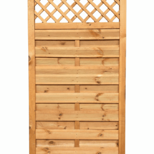 Ein rechteckiges Holzgartenzaunelement mit einem Gittermuster im oberen Bereich und horizontalen Planken darunter.