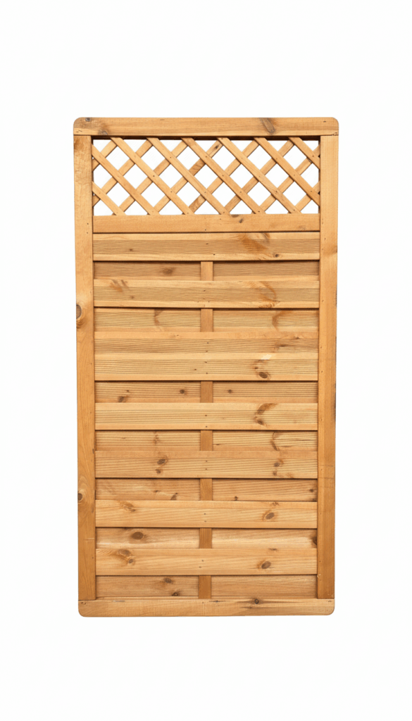 Ein rechteckiges Holzgartenzaunelement mit einem Gittermuster im oberen Bereich und horizontalen Planken darunter.
