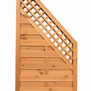 Holzzaunfeld mit schrägem Design, bestehend aus einer unteren horizontalen Plankenanordnung und einem oberen Gittermuster in einem Holzrahmen.