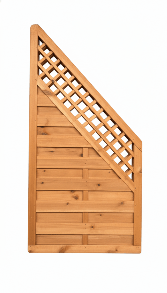 Holzzaunfeld mit schrägem Design, bestehend aus einer unteren horizontalen Plankenanordnung und einem oberen Gittermuster in einem Holzrahmen.