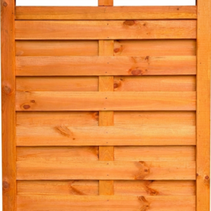 Holzgittertür mit horizontalen und vertikalen Latten, natürliche Holzmaserung sichtbar.