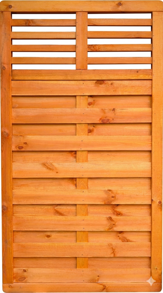 Holzgittertür mit horizontalen und vertikalen Latten, natürliche Holzmaserung sichtbar.