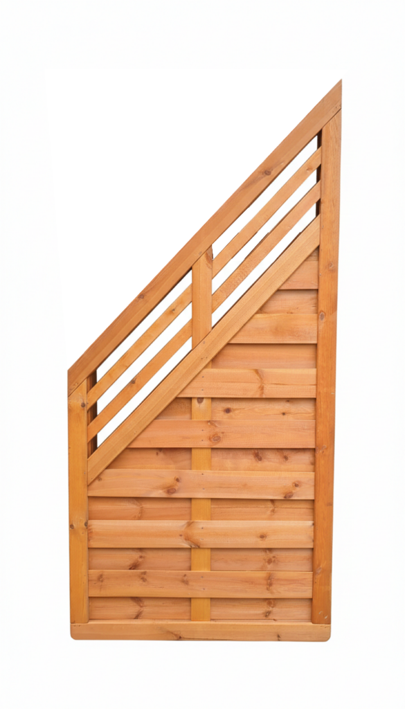 Holzlattenzaun mit diagonaler Oberseite und vertikalen Verstrebungen auf weißem Hintergrund.