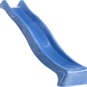 Eine blaue Kunststoffrutsche mit einer gewellten Form, erläutert auf einem weißen Hintergrund.