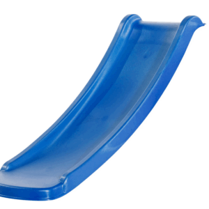 Eine blaue Kinderrutsche aus Kunststoff mit einer leicht gebogenen Form.