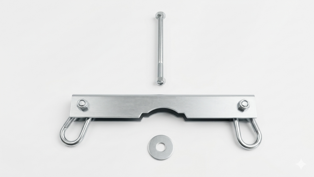 Metallhalterung mit Schraube und Unterlegscheibe vor weißem Hintergrund.