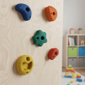 Klettergriffe in verschiedenen Farben und Formen an einer Holzplatte, im Hintergrund ein Regal mit Spielzeug und bunte Bauklötze auf dem Boden.