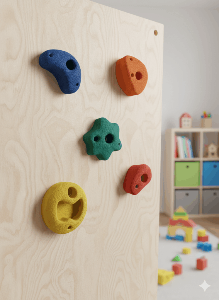 Klettergriffe in verschiedenen Farben und Formen an einer Holzplatte, im Hintergrund ein Regal mit Spielzeug und bunte Bauklötze auf dem Boden.