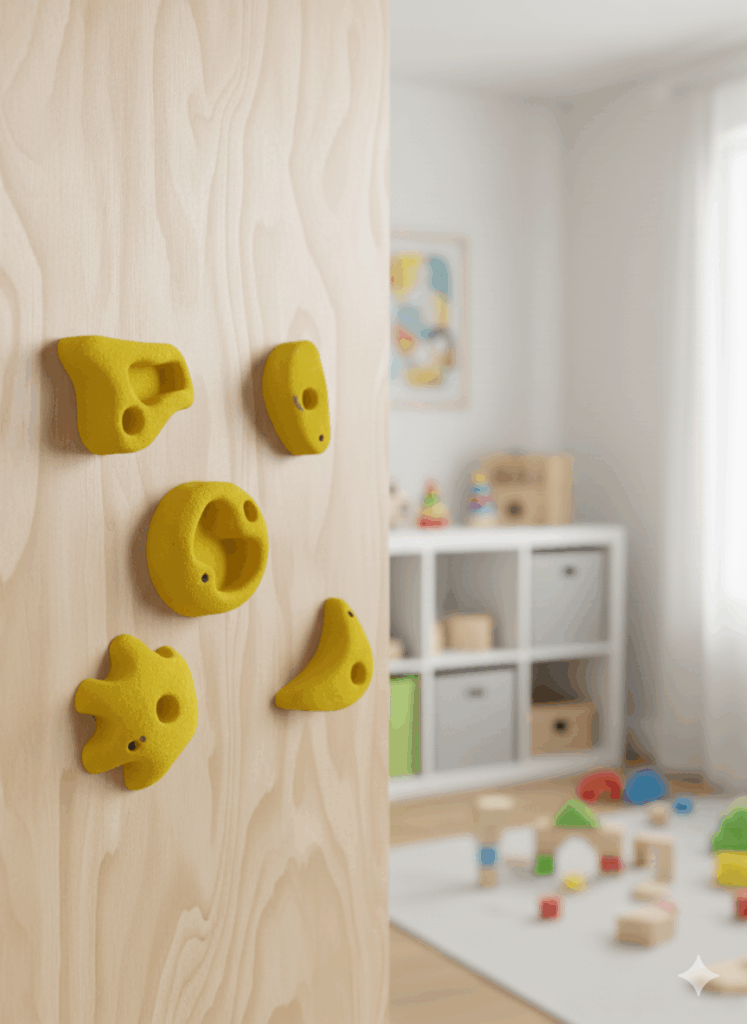 Ein Kletterwand im Kinderzimmer mit gelben Klettergriffen an einem Holzwandpaneel, im Hintergrund unscharf ein Regal mit Spielzeug und Bauklötzen auf dem Boden.