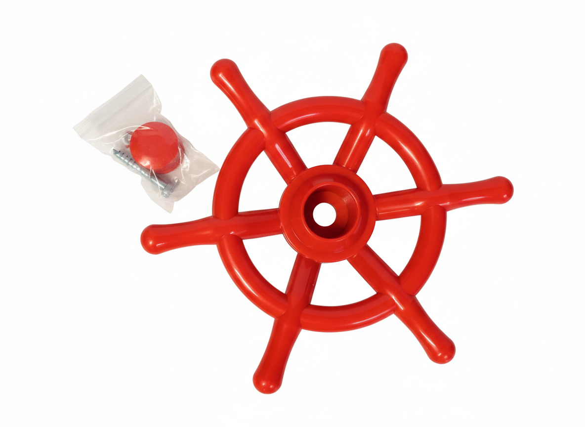 Rotes Steuerrad aus Kunststoff mit Montagezubehör in einer Plastiktüte.