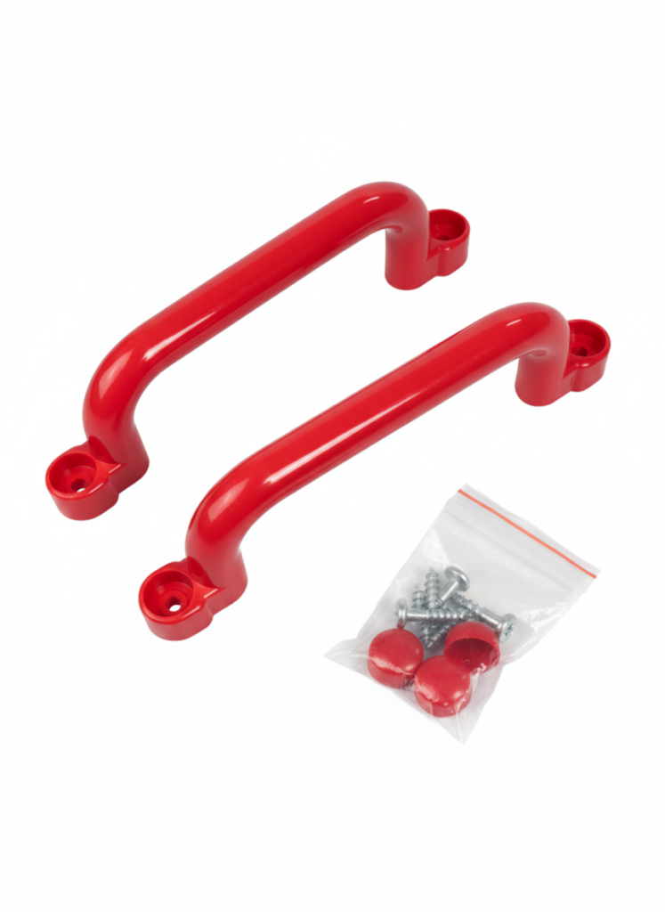 Zwei rote Griffe mit Befestigungslöchern, neben einer Tüte Schrauben und Abdeckungen.