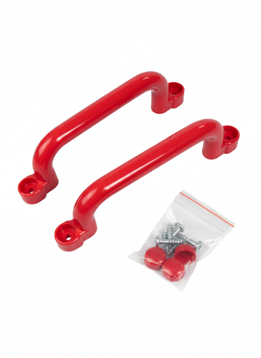 Zwei rote Griffe mit Befestigungslöchern, neben einer Tüte Schrauben und Abdeckungen.