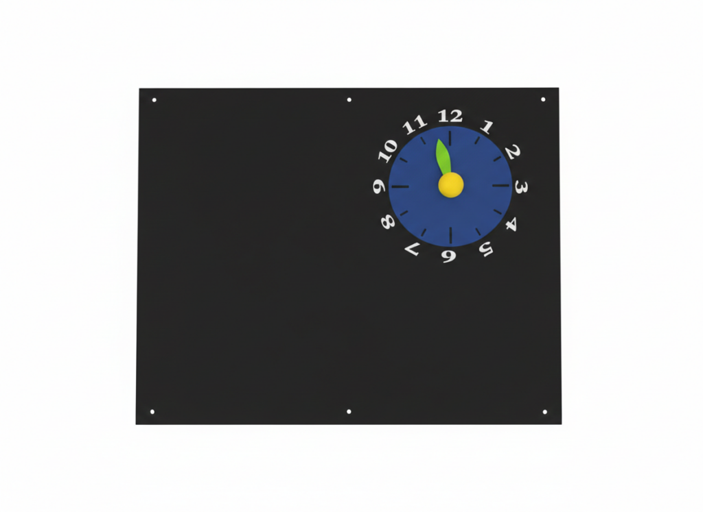 Eine schwarze Tafel mit einer angehefteten blauen Uhr, die einen gelben Punkt und grüne Zeiger zeigt.