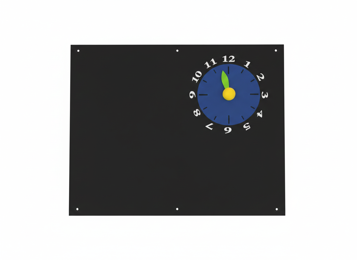 Eine schwarze Tafel mit einer angehefteten blauen Uhr, die einen gelben Punkt und grüne Zeiger zeigt.