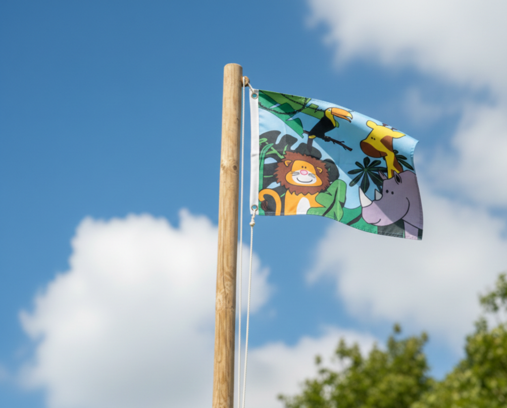 Eine Fahne mit bunten Tiermotiven, darunter ein Löwe und ein Elefant, weht an einem Holzpfosten vor blauem Himmel.