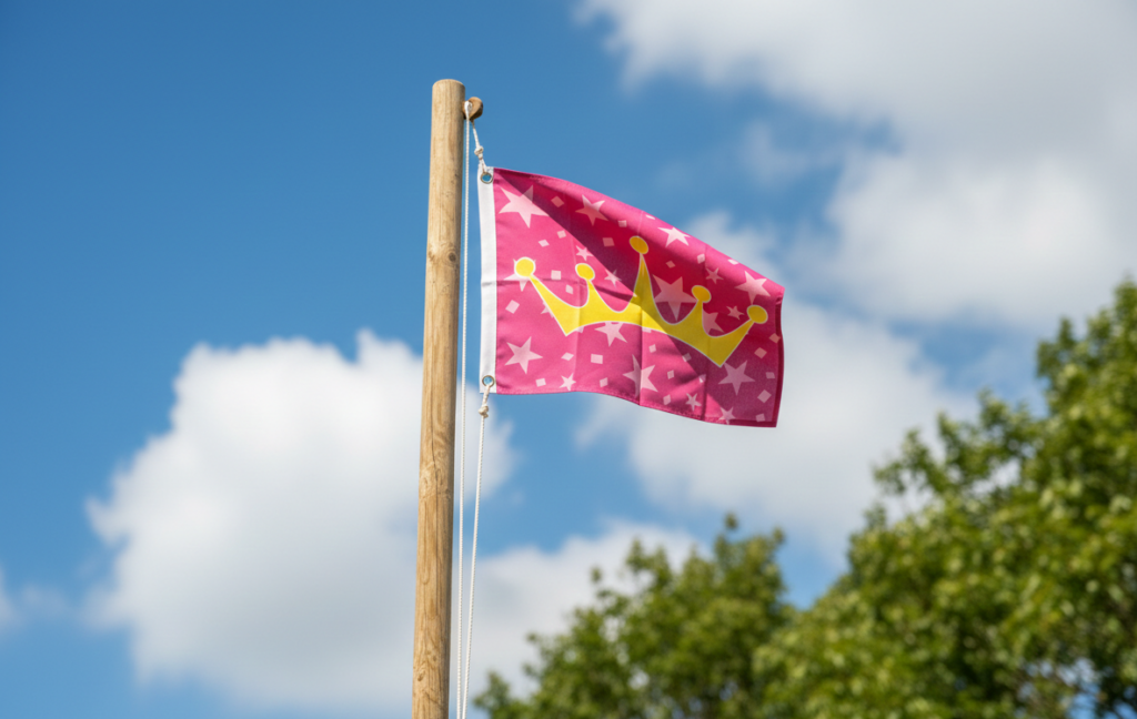 Pinkfarbene Flagge mit gelber Krone auf einem Holzpfahl, vor einem blauen Himmel mit Wolken.