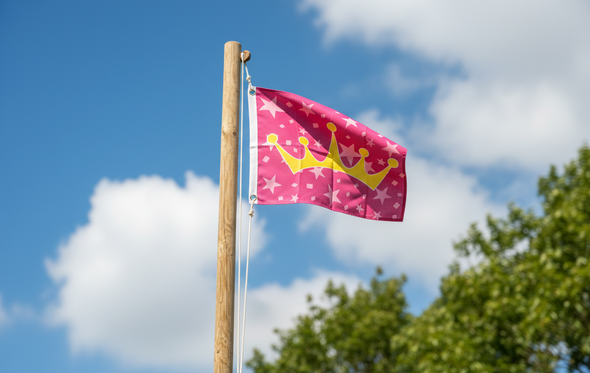 Pinkfarbene Flagge mit gelber Krone auf einem Holzpfahl, vor einem blauen Himmel mit Wolken.